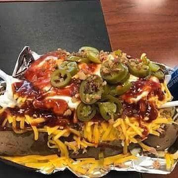 Kareem's loaded baked potato with all the fixings